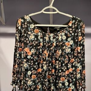 Roz & Ali Black Floral Pleated Blouse with Peach and Light Blue Flowers